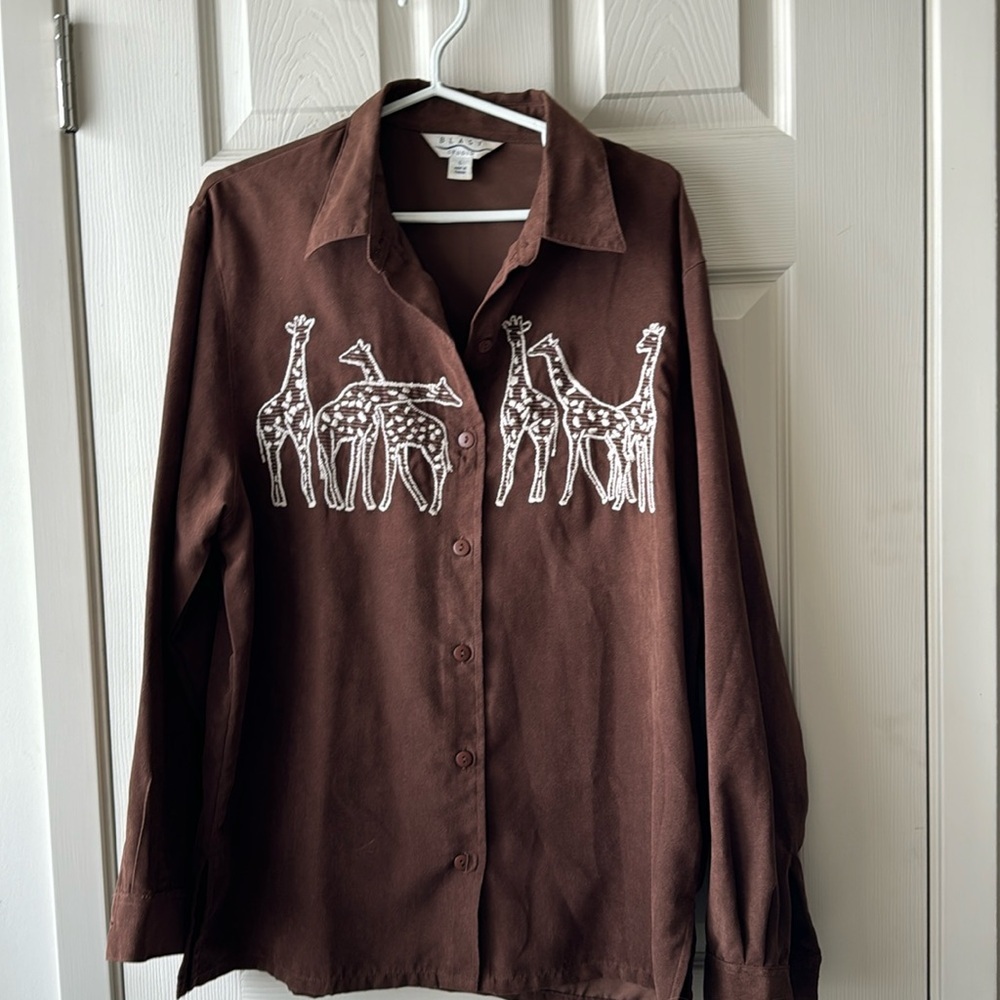 Brown faux suede Safari Giraffe Stitch Blouse L